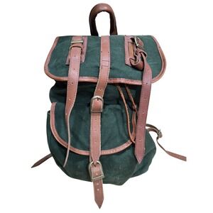 Vintage Green Canvas Leather Rucksack Backpack‎ Cowhide Trim